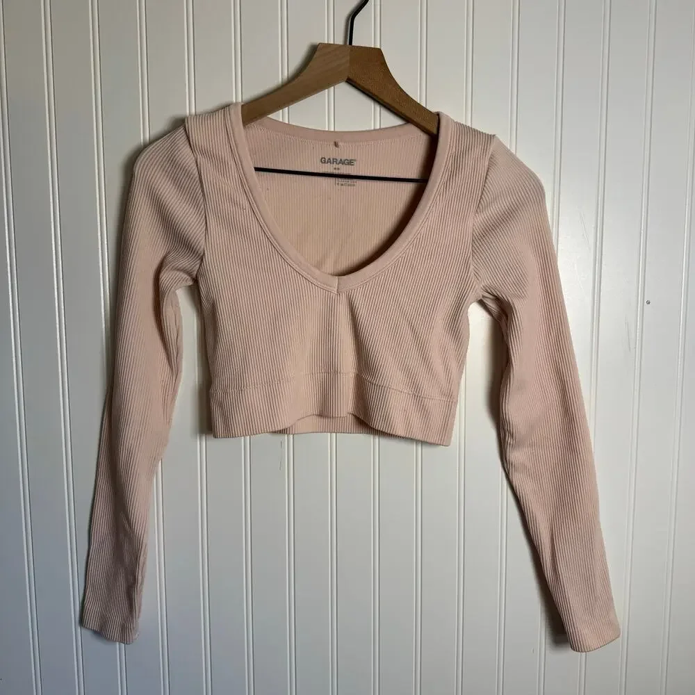 Garage Sonia Seamless Long Sleeve Cropped Top Chalk Pink Women’s Size Medium